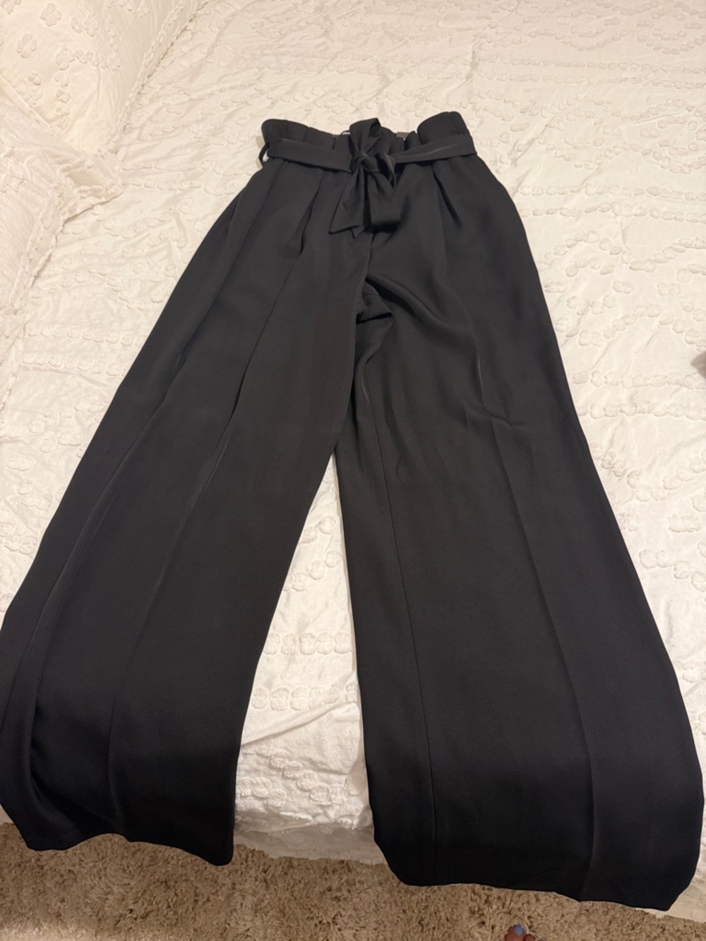 Express Black High-Waist Paperbag Wide-Leg Pants with Self Tie